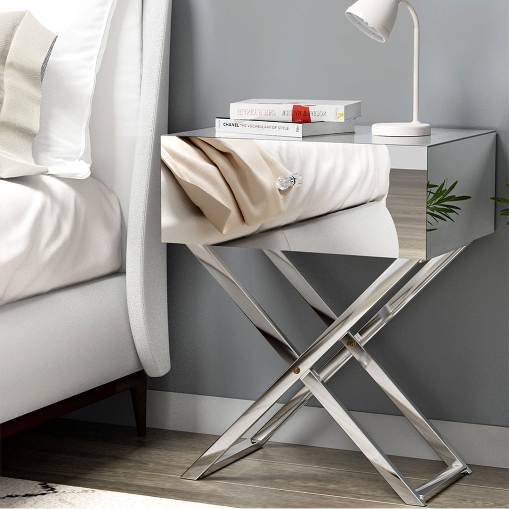 Moco Mirrored Bedside Table with Storage Drawer Silver