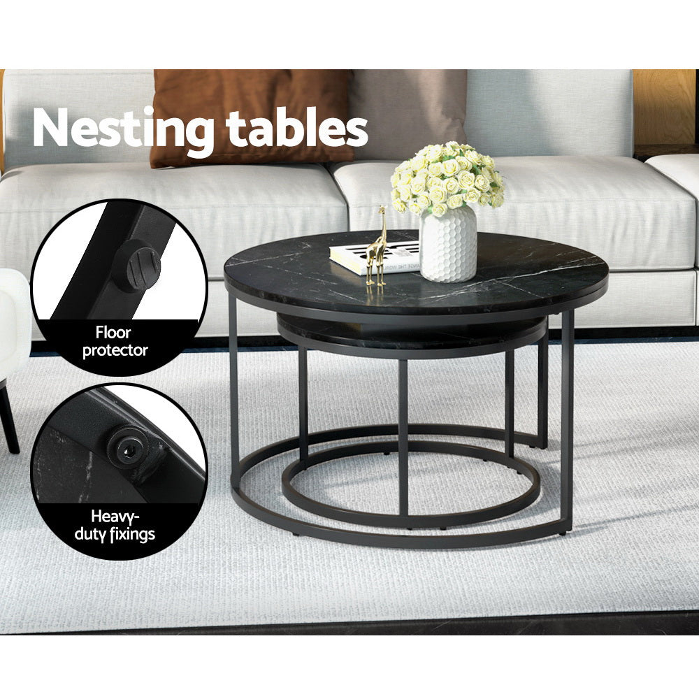 Tika Nesting Coffee Table Set of 2 Marble Effect Black