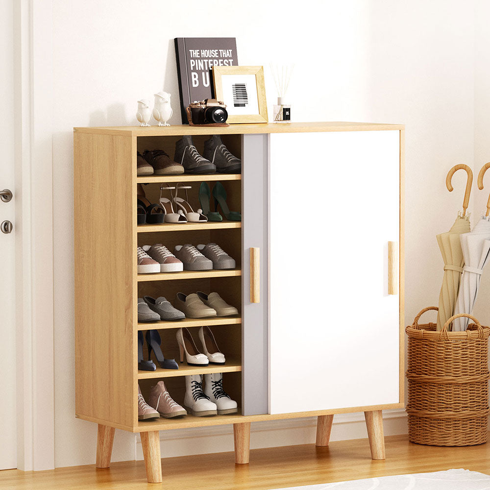 Lucas 30-Pair Shoe Cabinet Sliding Doors White/Grey/Pine