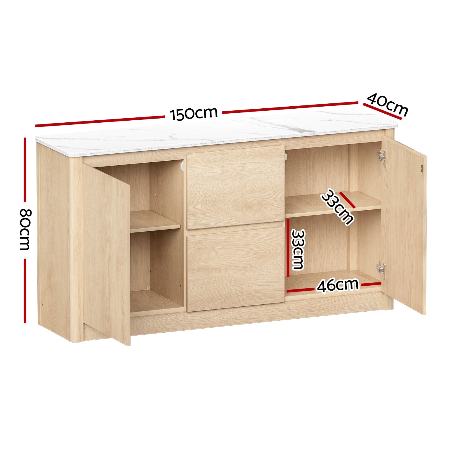 Marble-Style Pine Buffet Sideboard 150cm 2-Door 2-Drawer