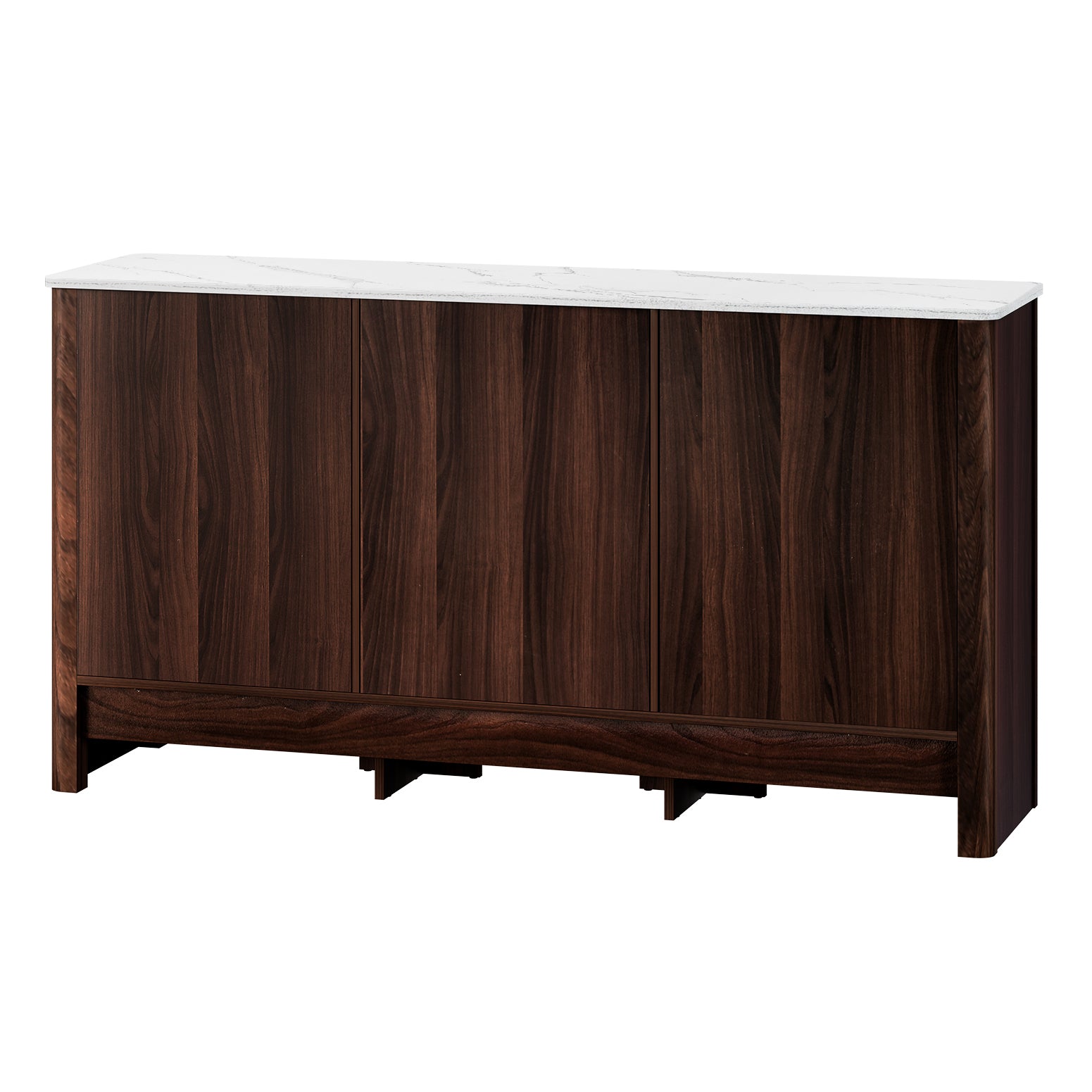 Marble Style Buffet Sideboard Cabinet 3-Door Walnut White