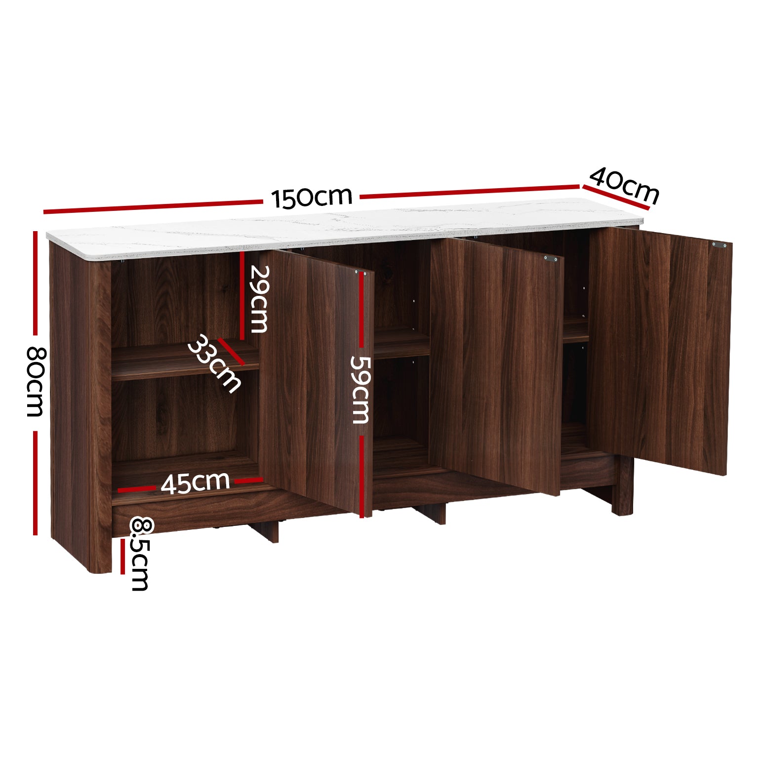 Marble Style Buffet Sideboard Cabinet 3-Door Walnut White