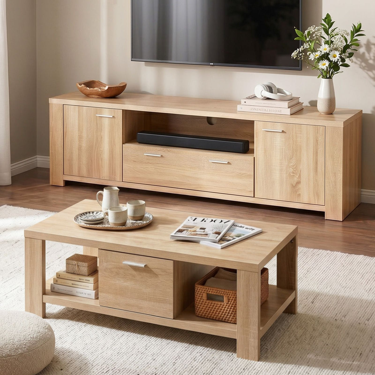 Artiss 2-Piece TV Unit and Coffee Table Set Pine