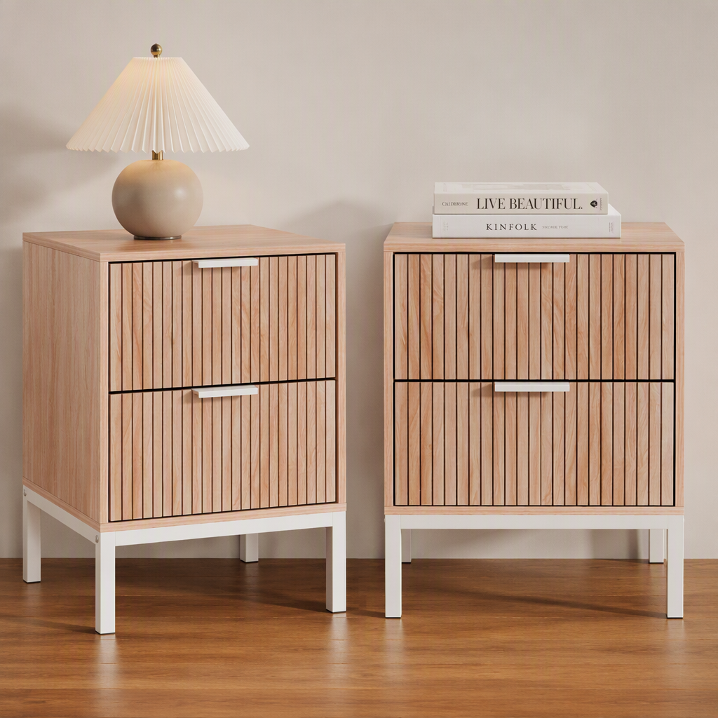 Lura 2 Drawer Bedside Table with Metal Legs in Pine