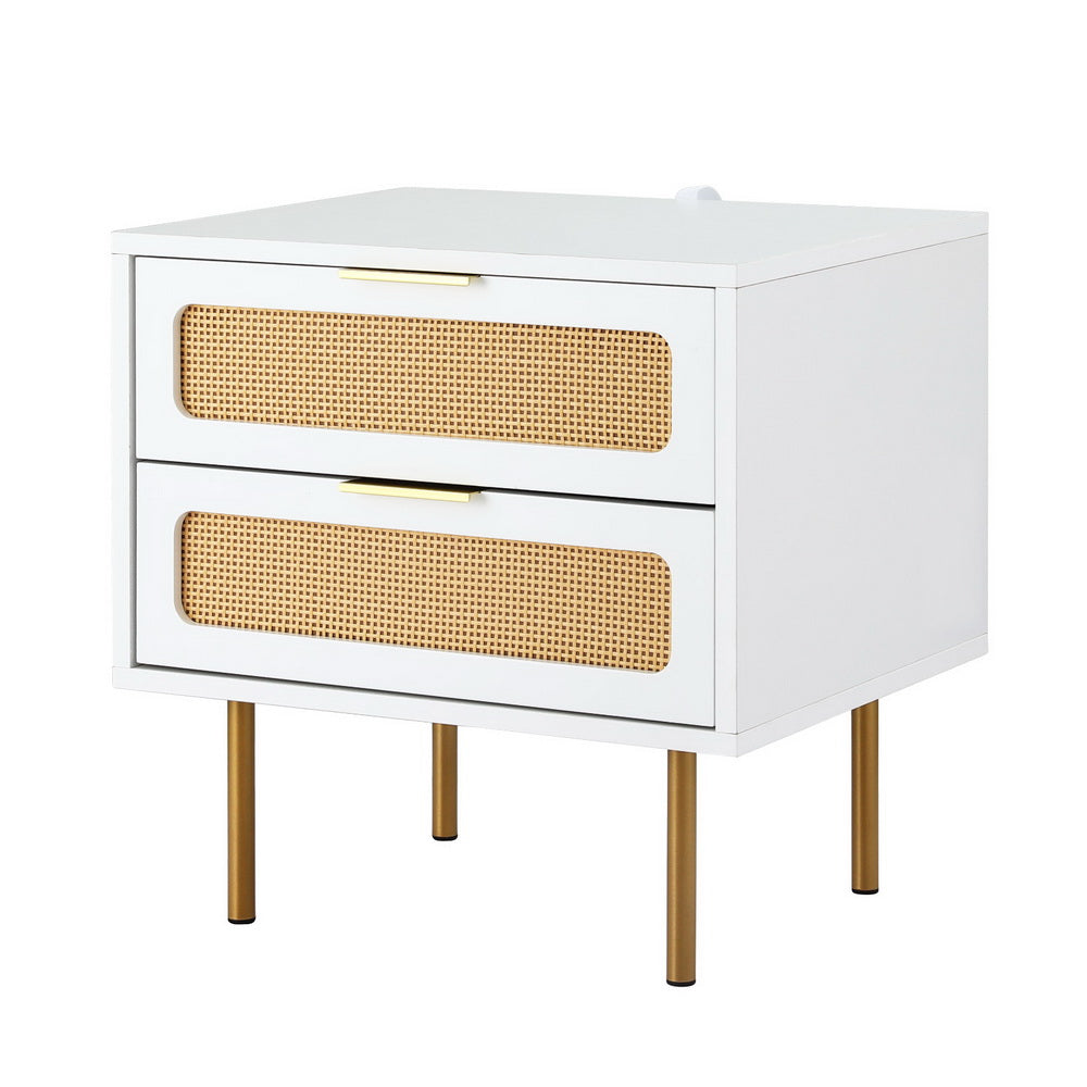 Rattan Bedside Table 2 Drawers White Pine