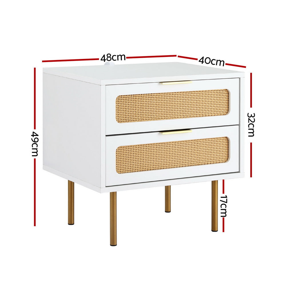 Rattan Bedside Table 2 Drawers White Pine