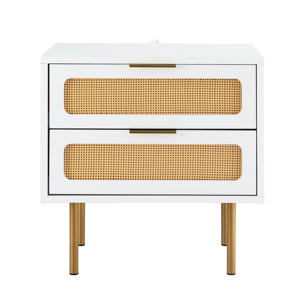 Rattan Bedside Table 2 Drawers White Pine