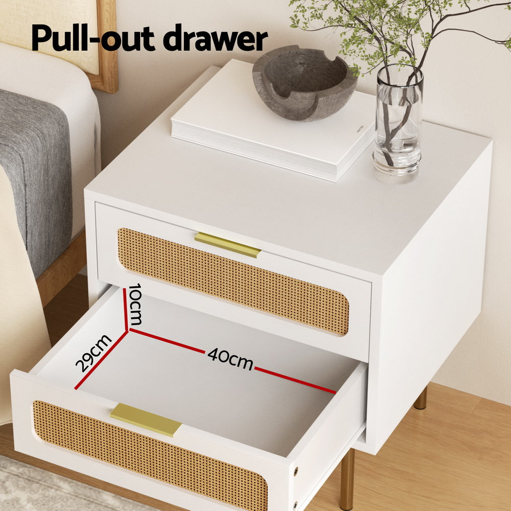 Rattan Bedside Table 2 Drawers White Pine