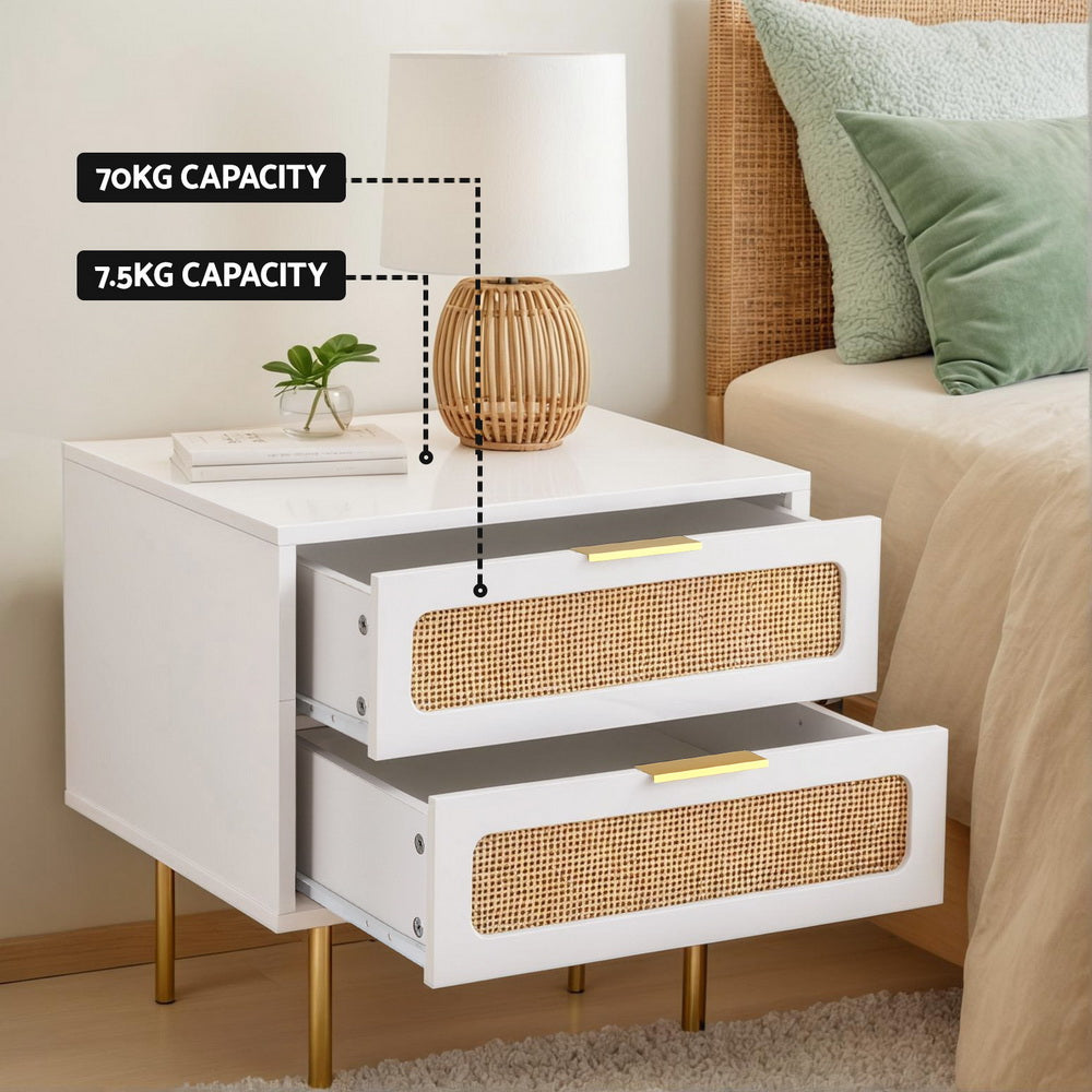 Rattan Bedside Table 2 Drawers White Pine