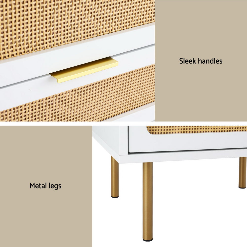 Rattan Bedside Table 2 Drawers White Pine