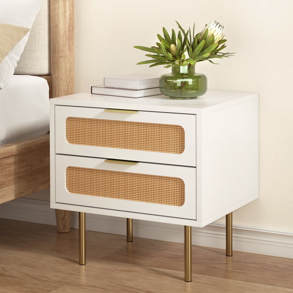 Rattan Bedside Table 2 Drawers White Pine