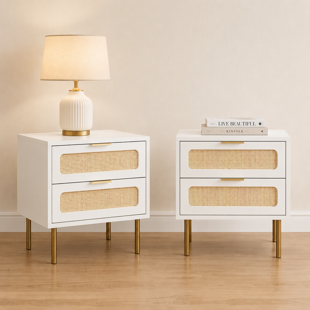 Artiss Rattan Bedside Table 2 Drawers White, Set of 2