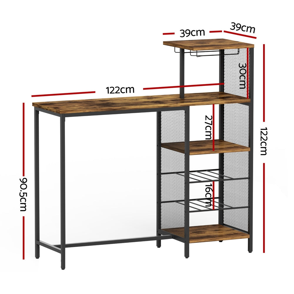 Industrial Bar Table 122cm Wine Rack Cup Holder Walnut