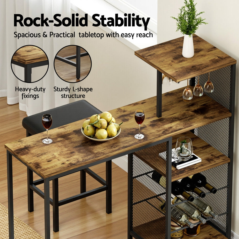 Industrial Bar Table 122cm Wine Rack Cup Holder Walnut