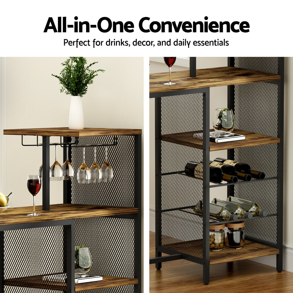 Industrial Bar Table 122cm Wine Rack Cup Holder Walnut