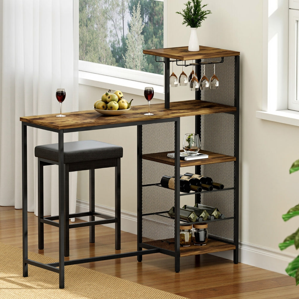 Industrial Bar Table 122cm Wine Rack Cup Holder Walnut