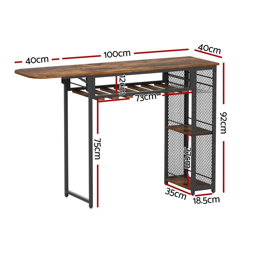 Industrial Bar Table 140cm Wine Rack Cup Holder Walnut