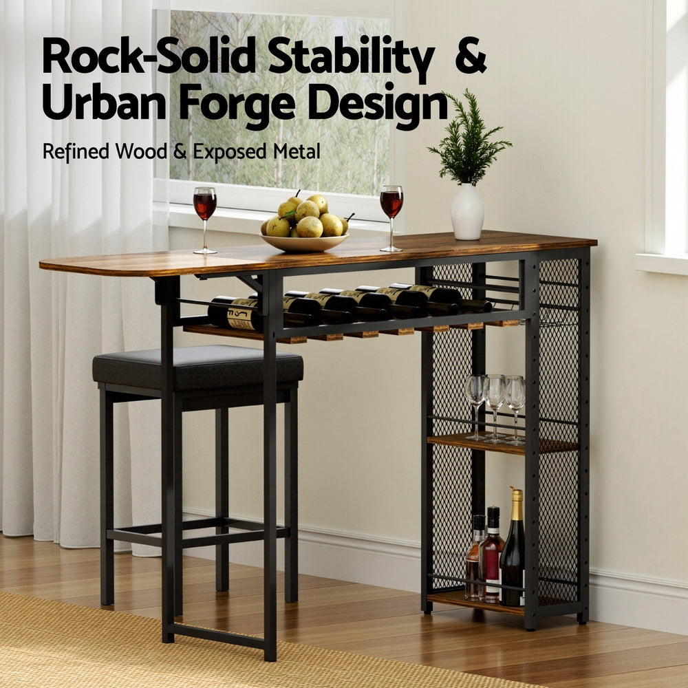 Industrial Bar Table 140cm Wine Rack Cup Holder Walnut