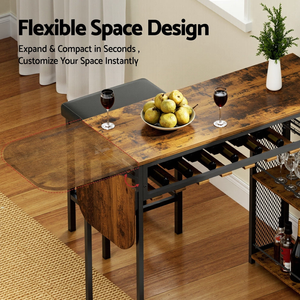 Industrial Bar Table 140cm Wine Rack Cup Holder Walnut
