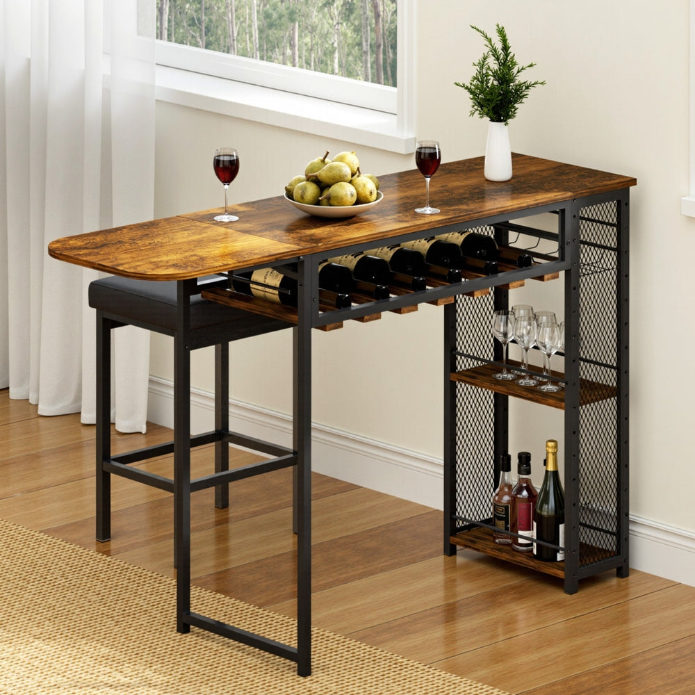 Industrial Bar Table 140cm Wine Rack Cup Holder Walnut