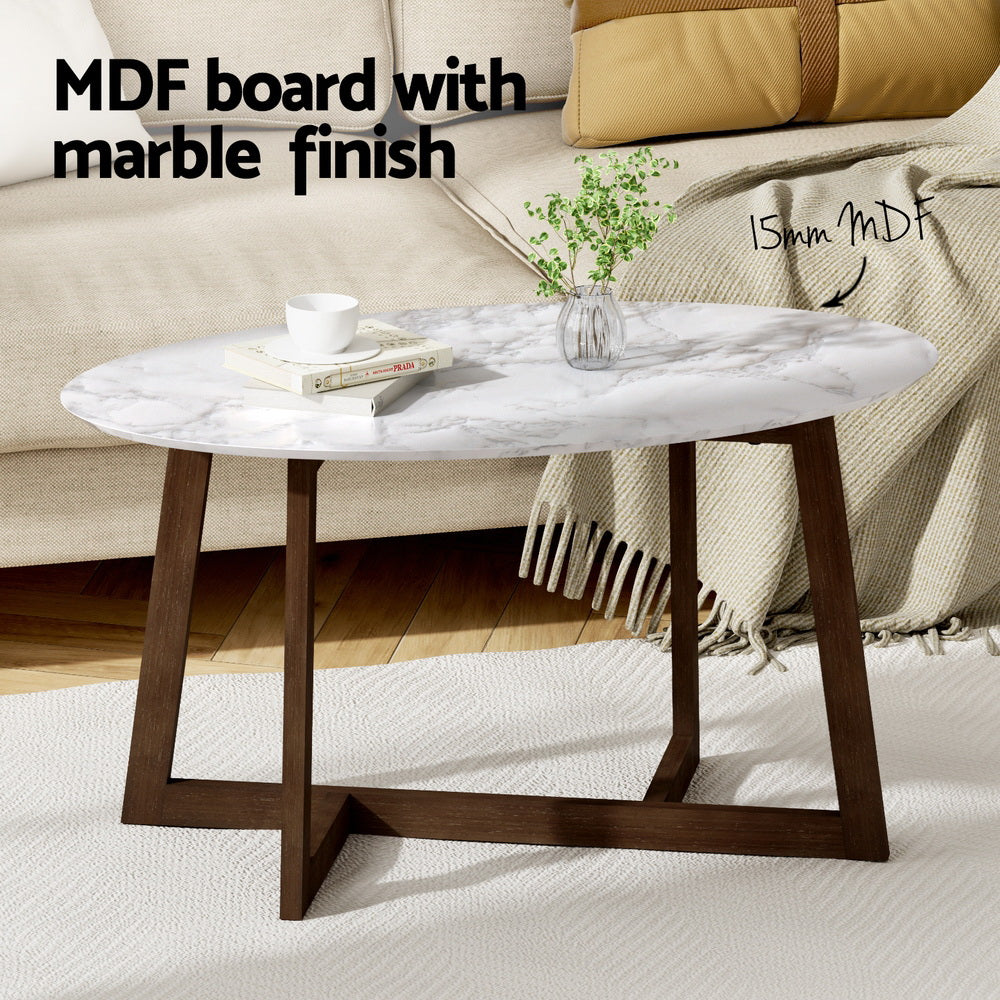 Oval Coffee Table Marble Effect White/Walnut