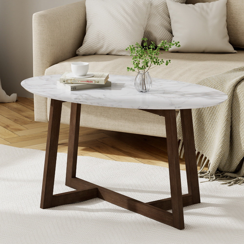 Oval Coffee Table Marble Effect White/Walnut