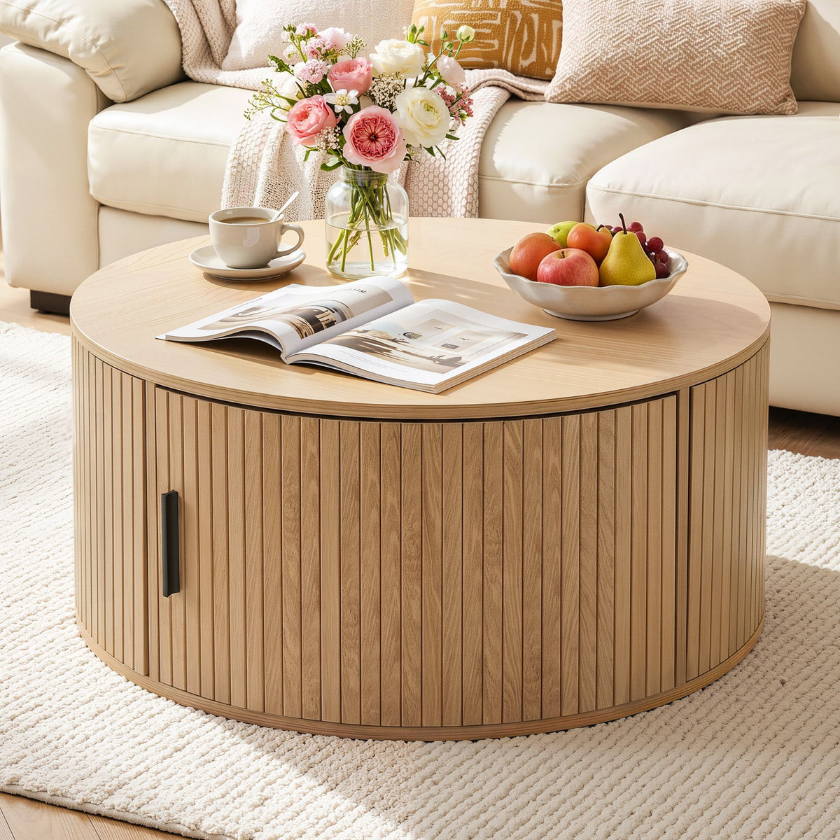Artiss Round Coffee Table with Storage Fluted 80cm Wood
