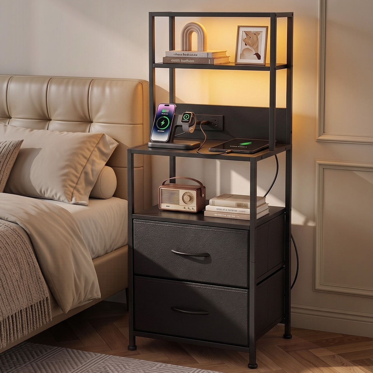 Artiss Bedside Table Nightstand with Charging Station LED Black