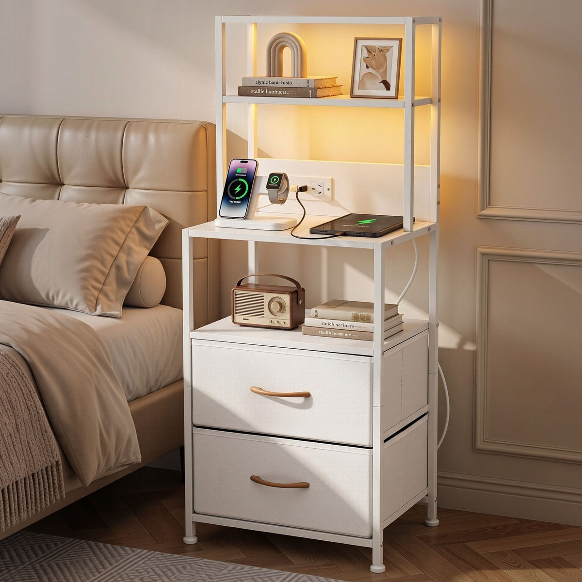 Artiss Bedside Table with Charging Station and Drawers, White