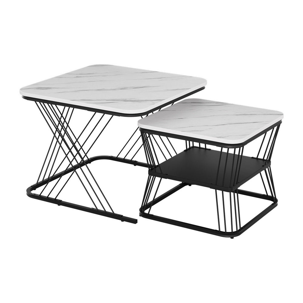 Marble Effect Nesting Coffee Table Set of 2 White and Black