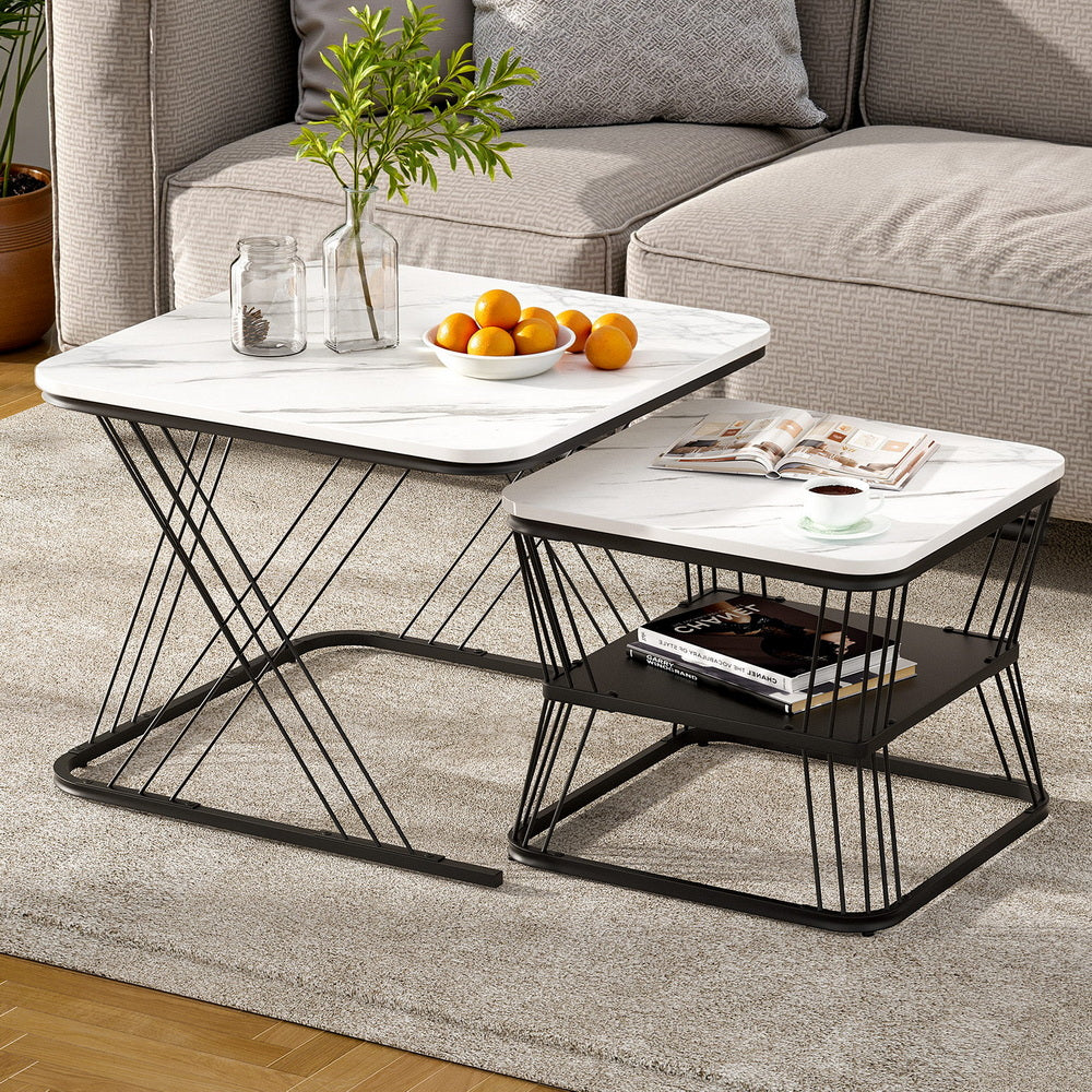 Marble Effect Nesting Coffee Table Set of 2 White and Black