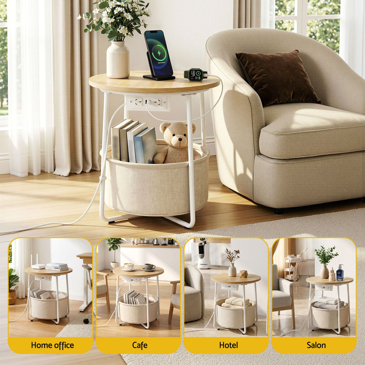 Artiss Set of 2 Round Coffee Table Bedside Side End Table Charging Station Storage Basket