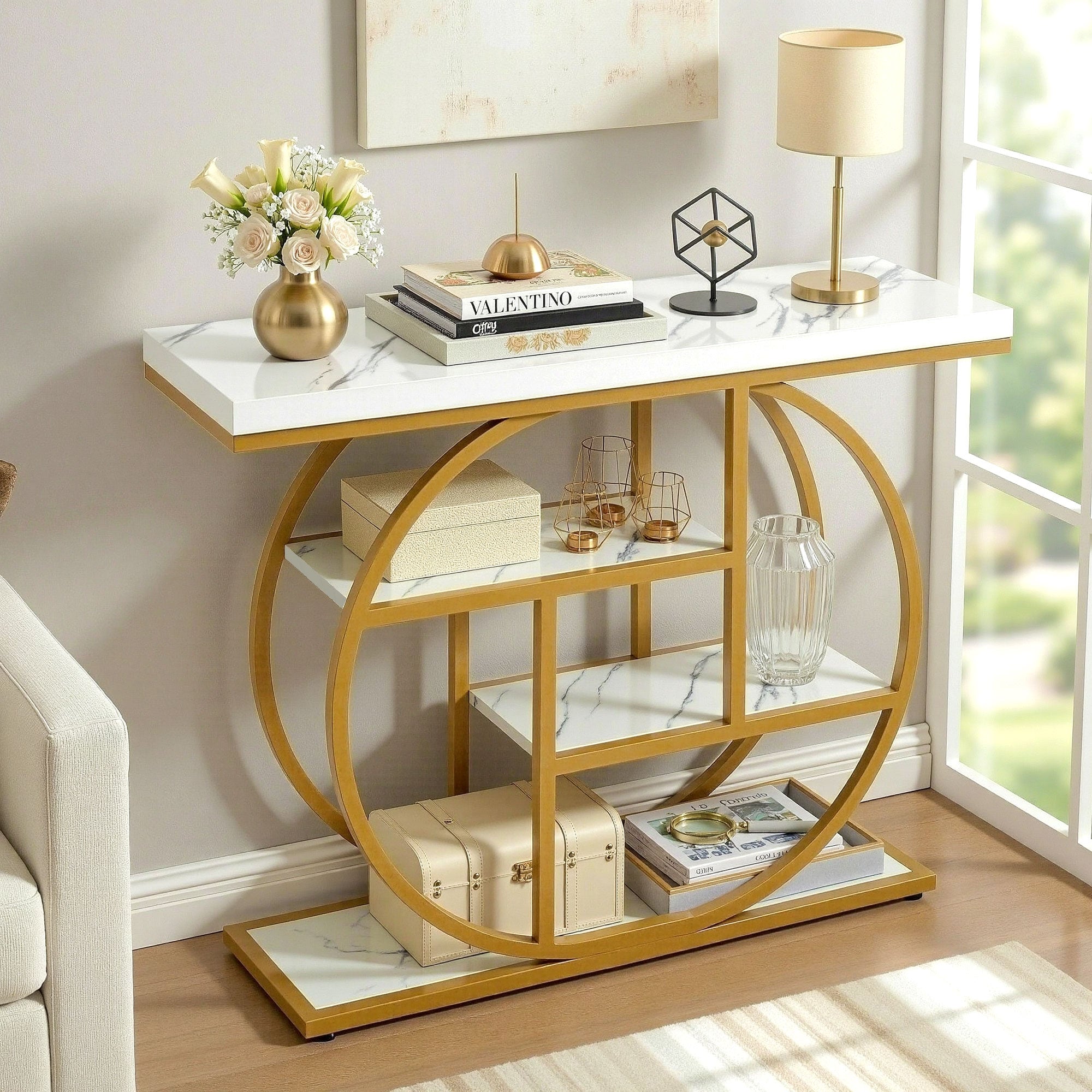 Artiss Console Table Marble Effect 4-Tier Shelves 105CM White&Gold