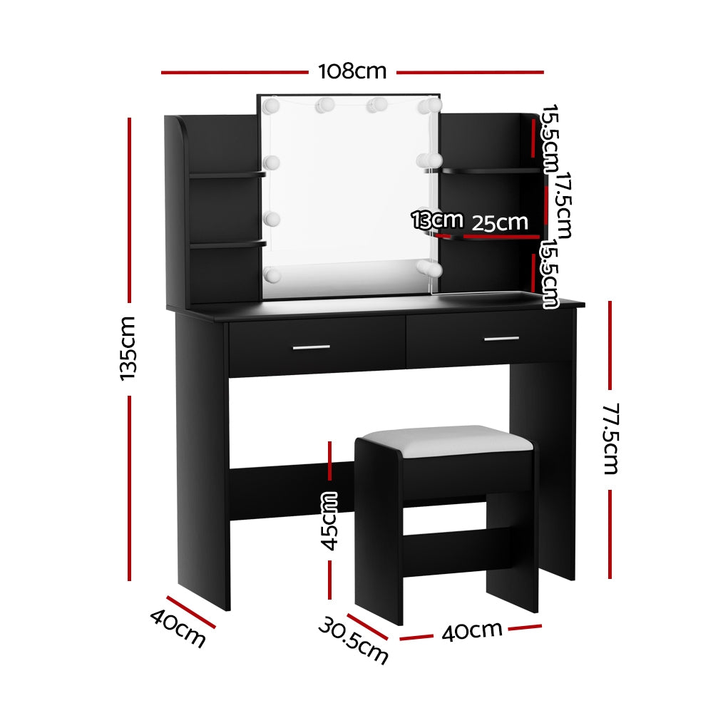 Dulcea Dressing Table Set 10 LED Bulbs Black with Stool
