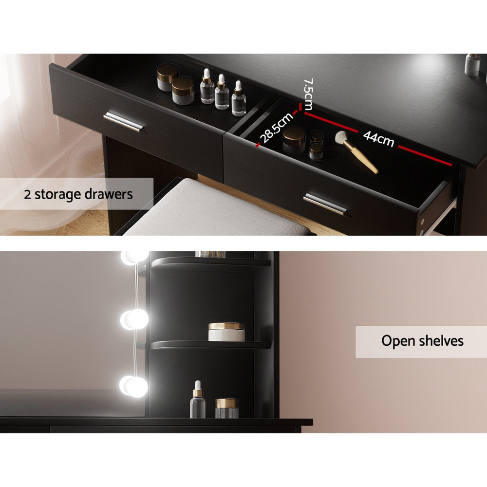Dulcea Dressing Table Set 10 LED Bulbs Black with Stool