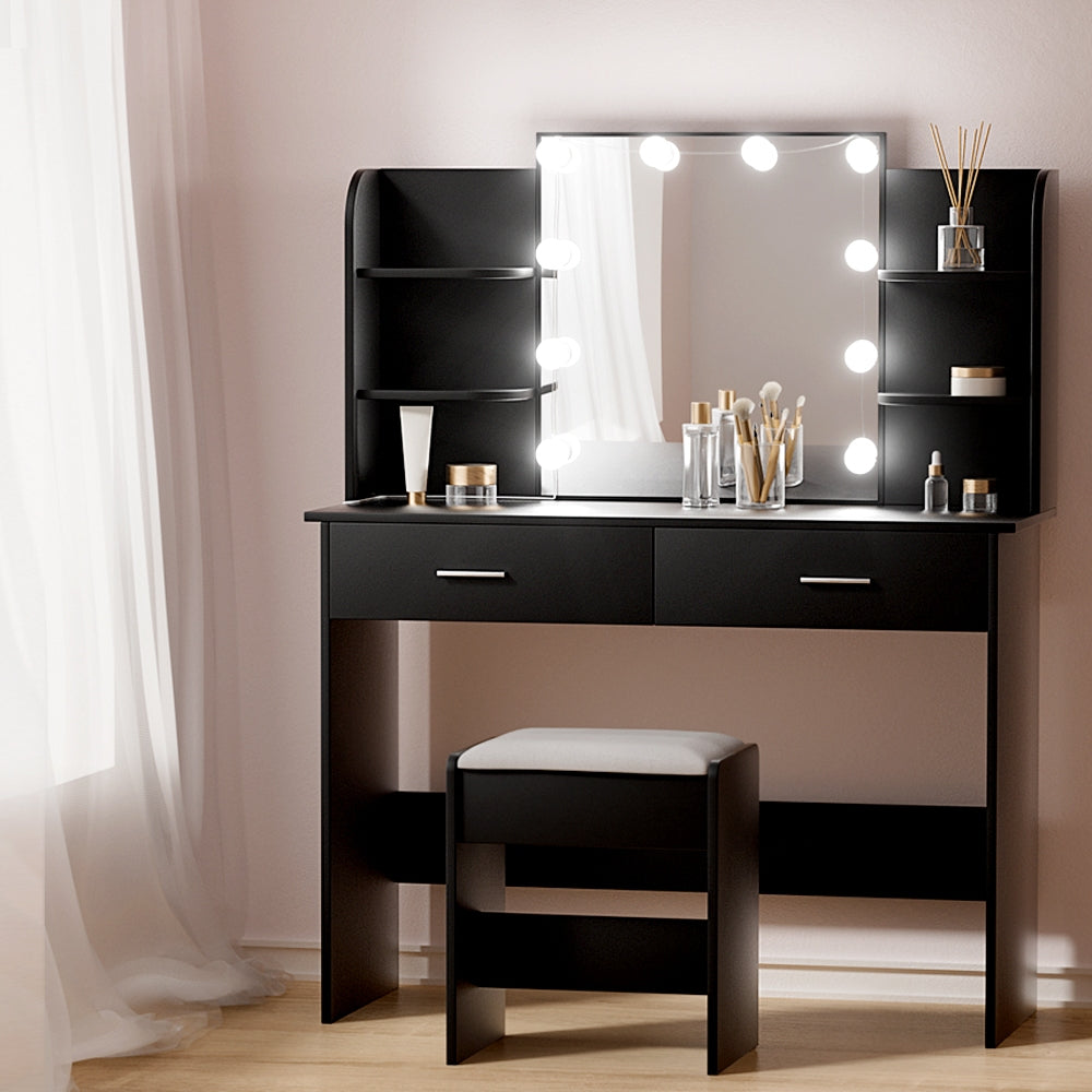 Dulcea Dressing Table Set with Stool and 10 LED Bulbs Black
