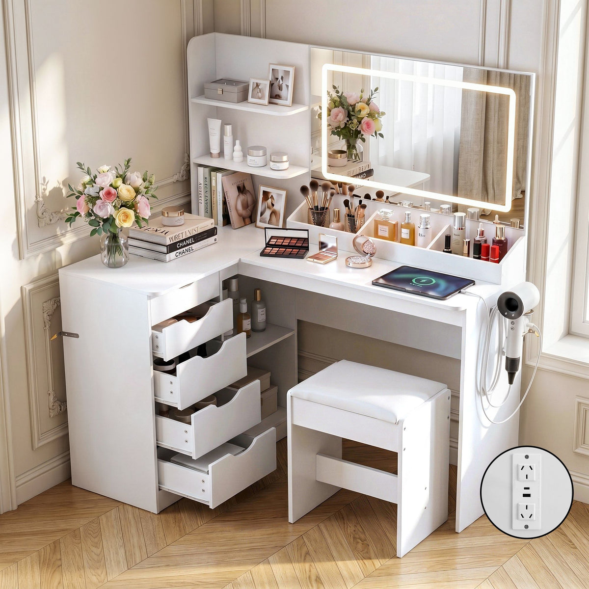 Artiss Corner Dressing Table Vanity Desk Set with LED Mirror White