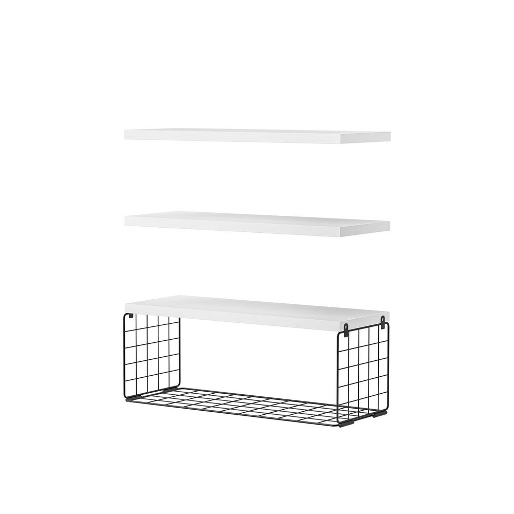 Artiss Floating Wall Shelf Set of 3 White with Metal Basket