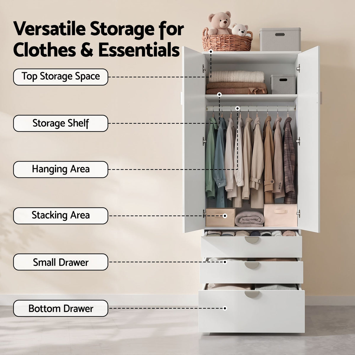 Artiss Wardrobe Cabinet Bedroom Clothes Storage Organiser Cupboard 3 Drawers Shelf Hanging Rod