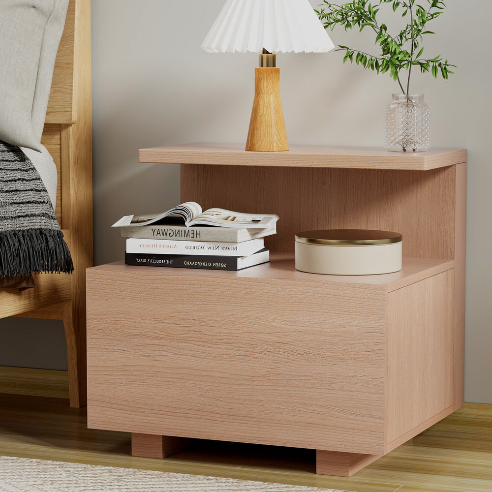 Artiss Bedside Table with 1 Drawer and Open Shelf - Pine