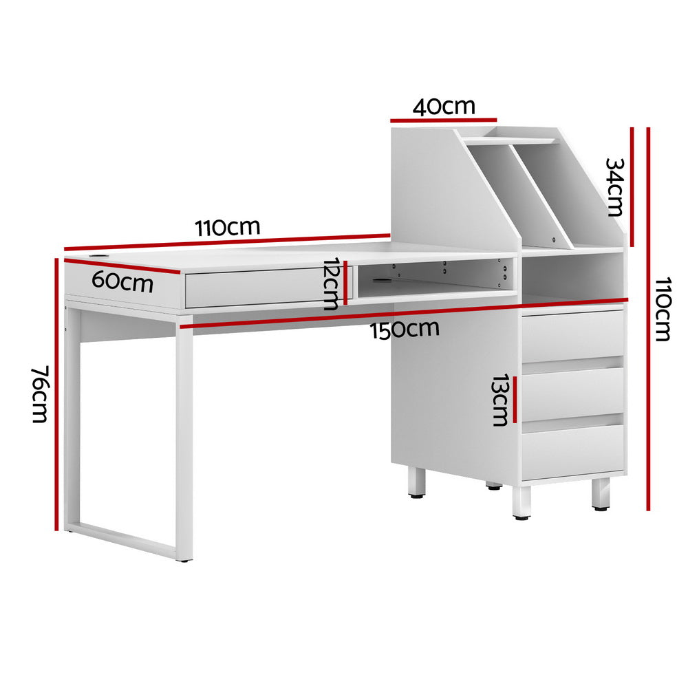 Artiss Office Desk 150cm White with Drawers and Bookshelf