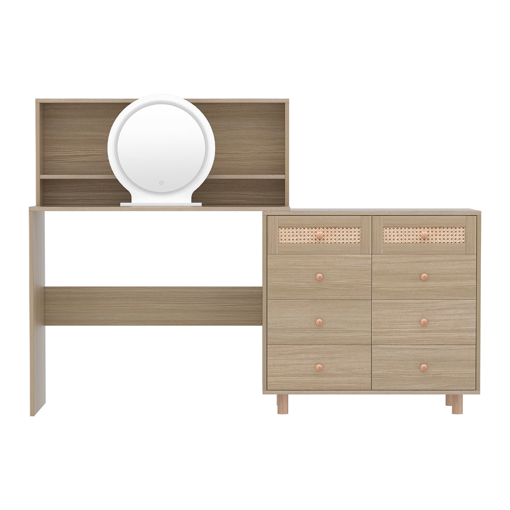 Artiss Pine Dressing Table Set LED Mirror Stool