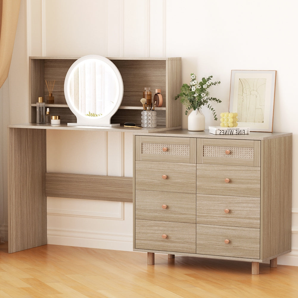 Artiss Pine Dressing Table Set LED Mirror Stool