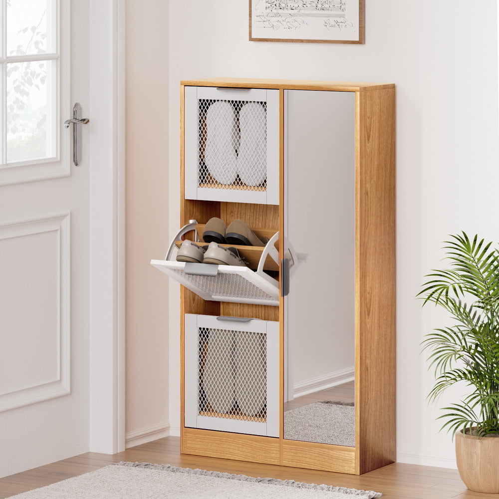 Alster Shoe Rack Cabinet Mirror Pine White