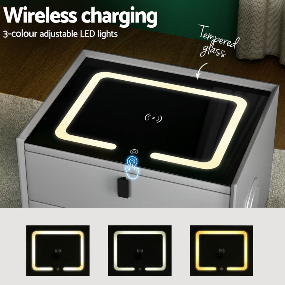 AIKA Smart Bedside Table Wireless Charging LED Grey