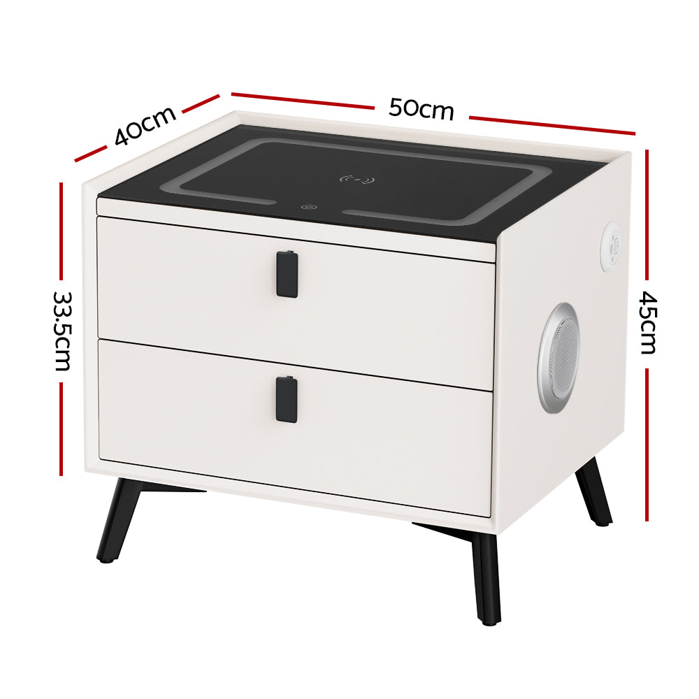 AIKA Smart Bedside Table 2 Drawers Wireless Charging LED White