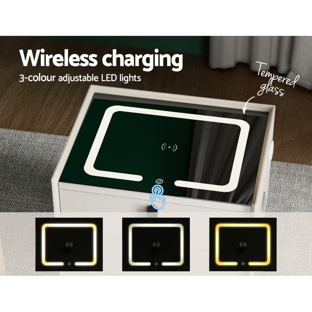 AIKA Smart Bedside Table 2 Drawers Wireless Charging LED White