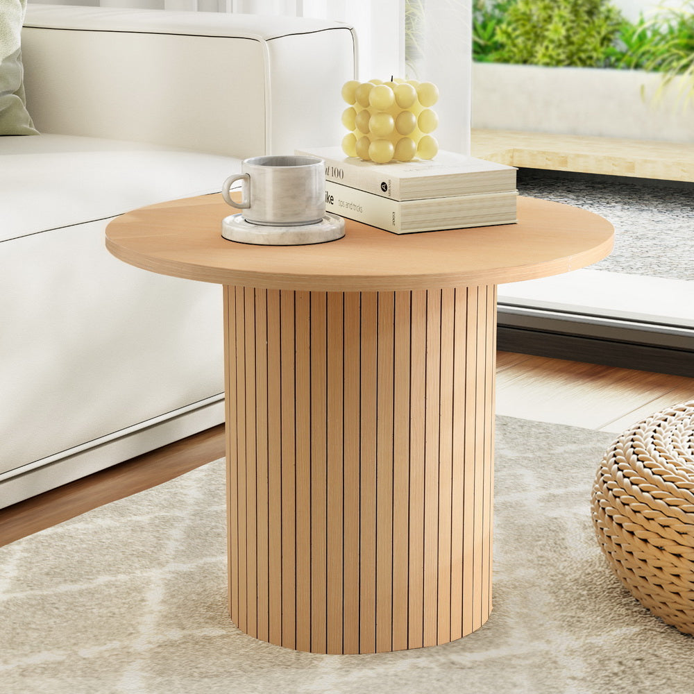 Round Fluted Coffee Table Pine MDF Metal Frame