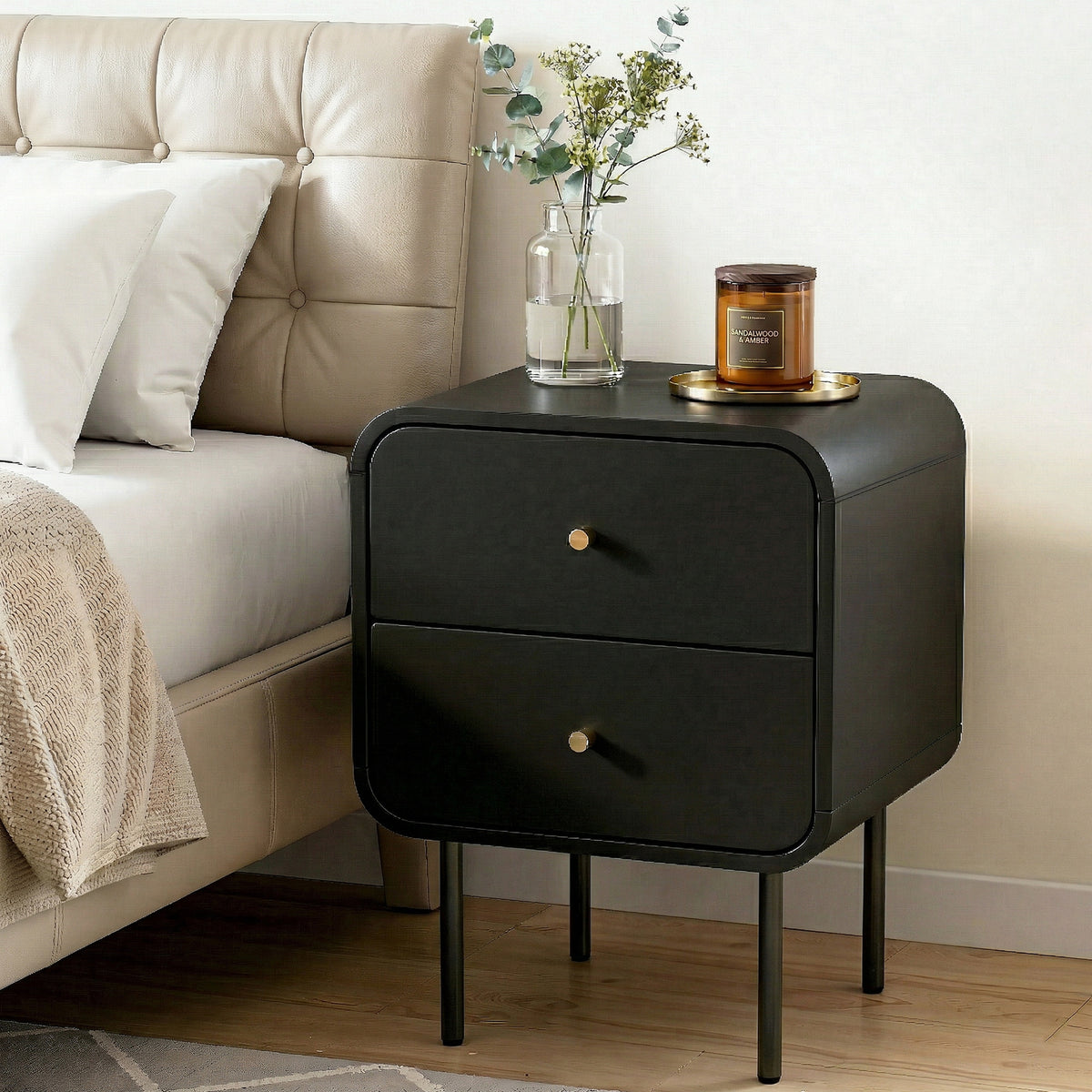 Artiss Bedside Table 2 Drawer Nightstand Black