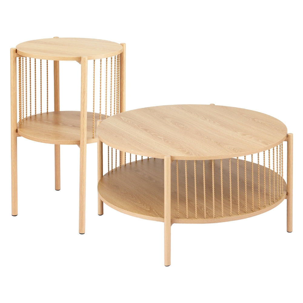 Artiss 2-Tier Round Coffee Table Set of 2 Wood